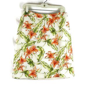 Cream Silk Skirt with Soft Orange Tropical Flowers and Green Leaves Bermuda Bay